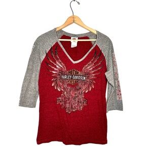 Harley-Davidson | V-Neck 3/4 Sleeve Studded Wings Tee Laconia Size Large